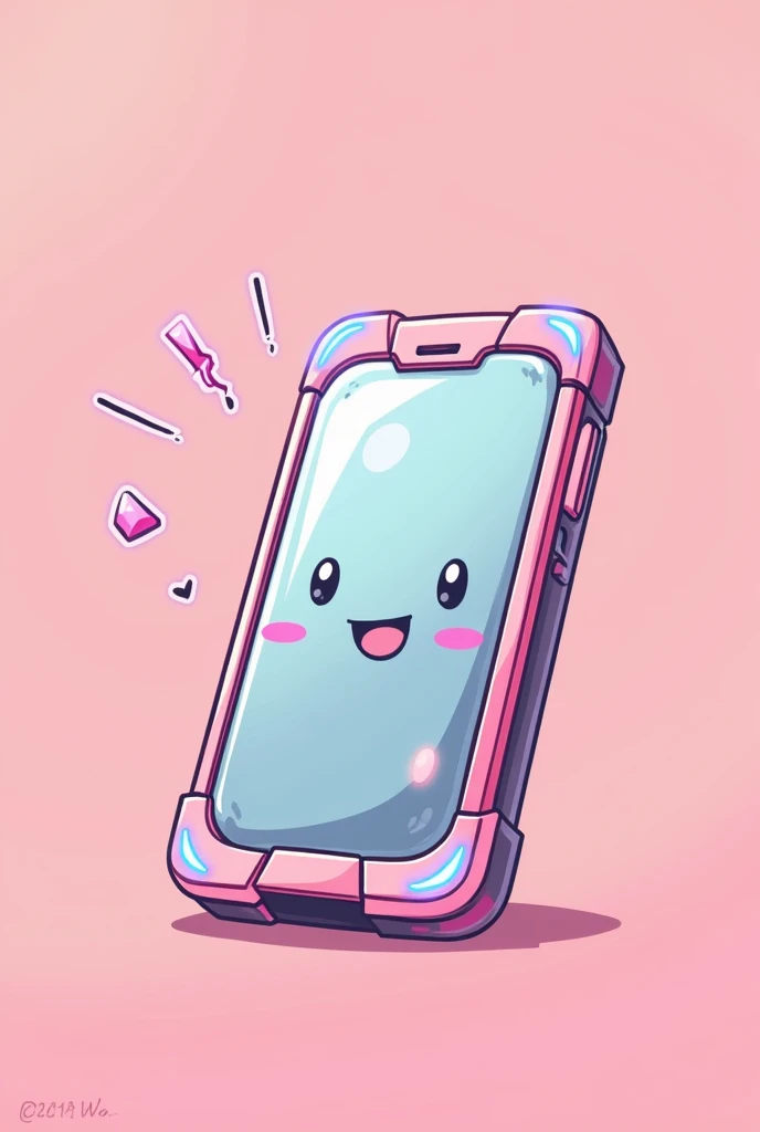 dessin CHIBI anime d'un telephone portable en gros plan avec un fond neutre tout en rose et rose clair avec des details fluo sur le contours