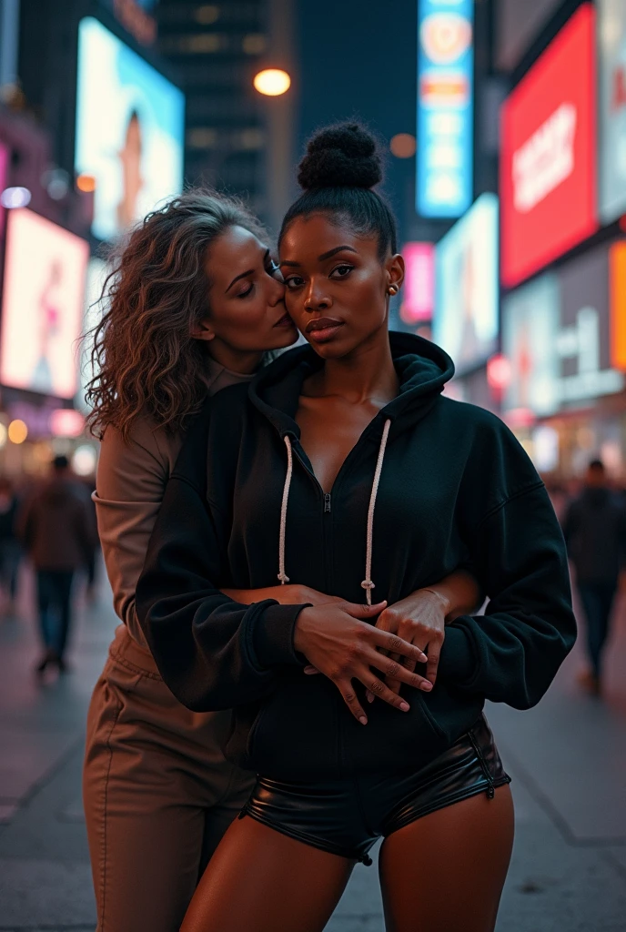 black woman hair in a bun black hoodie black leather short shorts old ugly woman standing behind her up against her wearing a dress with her arms around her waist kissing her neck time square new york city