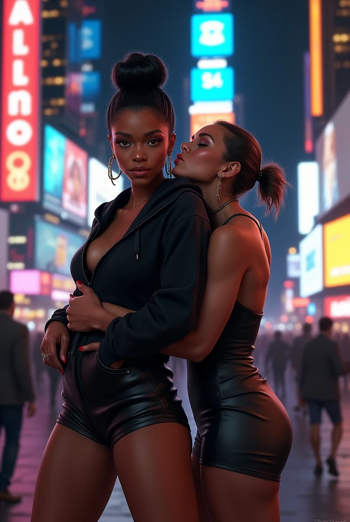 black woman hair in a bun black hoodie black leather short shorts old ugly woman standing behind her up against her wearing a dress with her arms around her waist kissing her neck time square new york city