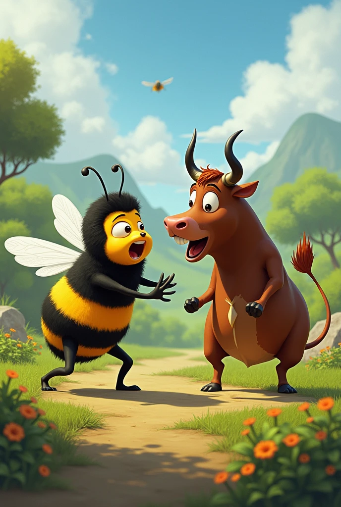 Draw Barry from the Bee movie stinging Ferdinand the Bull in the ass 