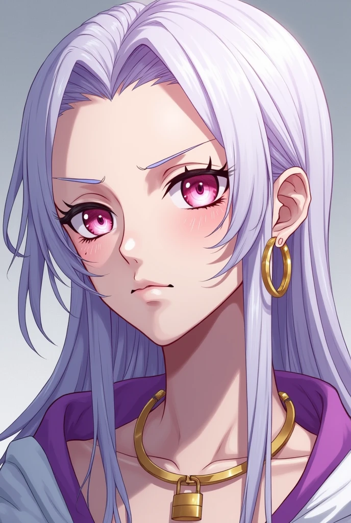 A BOY MALE GENDER,white hair,pink eyes,white eyelashes and eyebrows,with a calm, relaxed and calm expression,light skin tone,very beautiful,straight but long hair and violet highlights,that his appearance is more masculine, that he has a padlock necklace and that he has two gold hoops in his ear,and also that he has a mole under his eye,all this in the drawing style of ONE PIECE