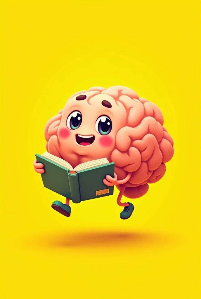 Cartoon Brain, yellow backdrop, floating, with a book, no body
