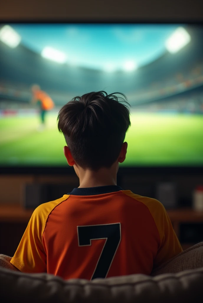 A teenage boy seeing cricket in tv wearing jersy 7
Named sai