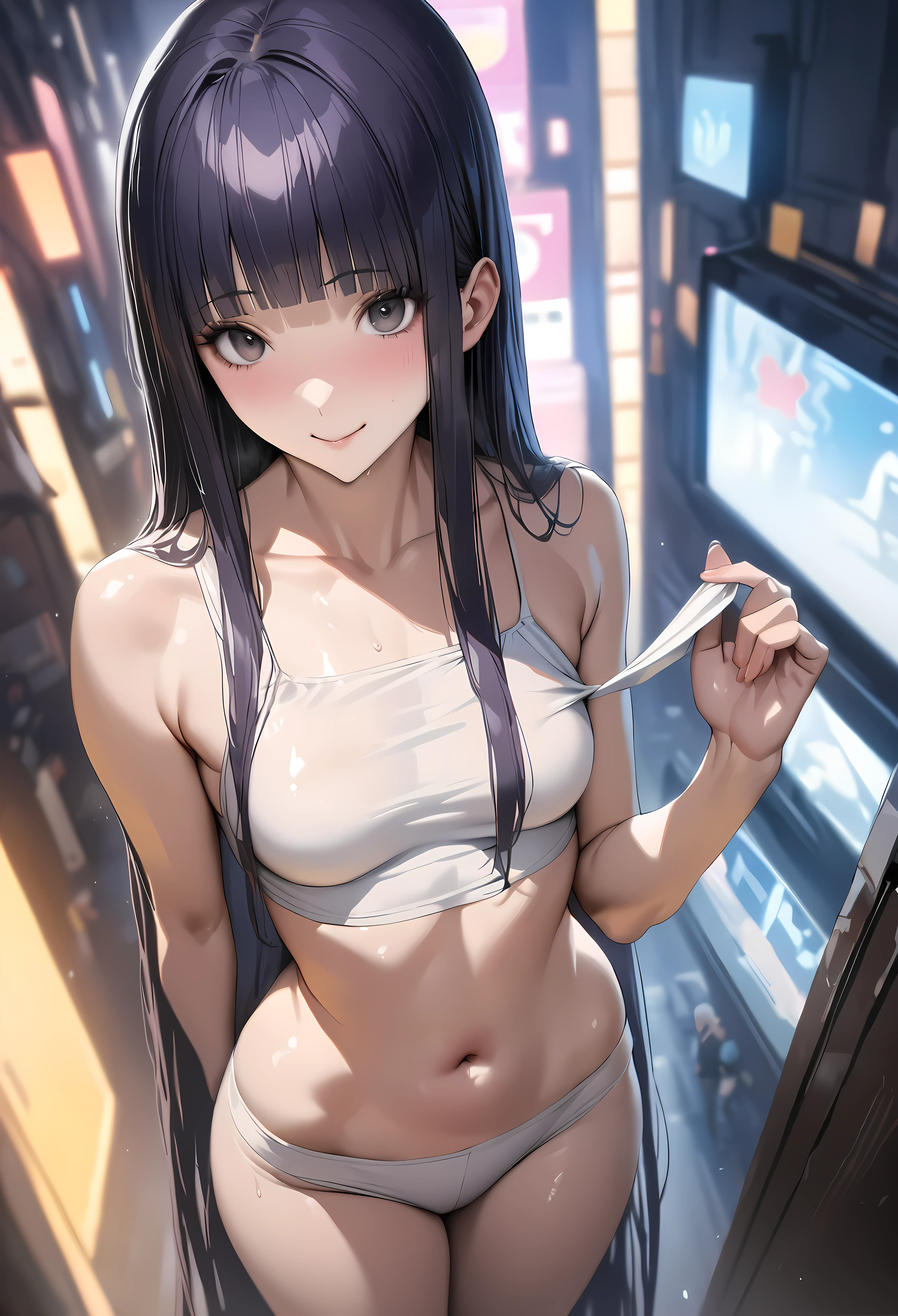 ((masterpiece,best quality anime,Highest quality:1.3)),realistic,cowboy shot,1woman,solo,(30 year old beauty),((very small head:1.4)),((very long body:1.4)),(dark blue hair),straight long hair,(gorgeous big eyes),black eyes,smile,((slender body:1.4,skinny)),medium breasts,(White tube top shirt、navel,White pleated skirt),((white headphone)),oily skin:1.2,gleaming skin,shiny skin, bustling street、cyberpunk world、