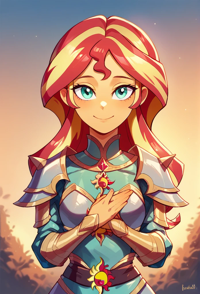 Sunset Shimmer de Equestria Girls, looking at the viewer, Sunset, pretty eyes, beautiful face, small breasts, medieval armor, Full armor, with a dragon in the background, beautiful smile, armor covering the entire body , armor covering the entire body, facing a dragon