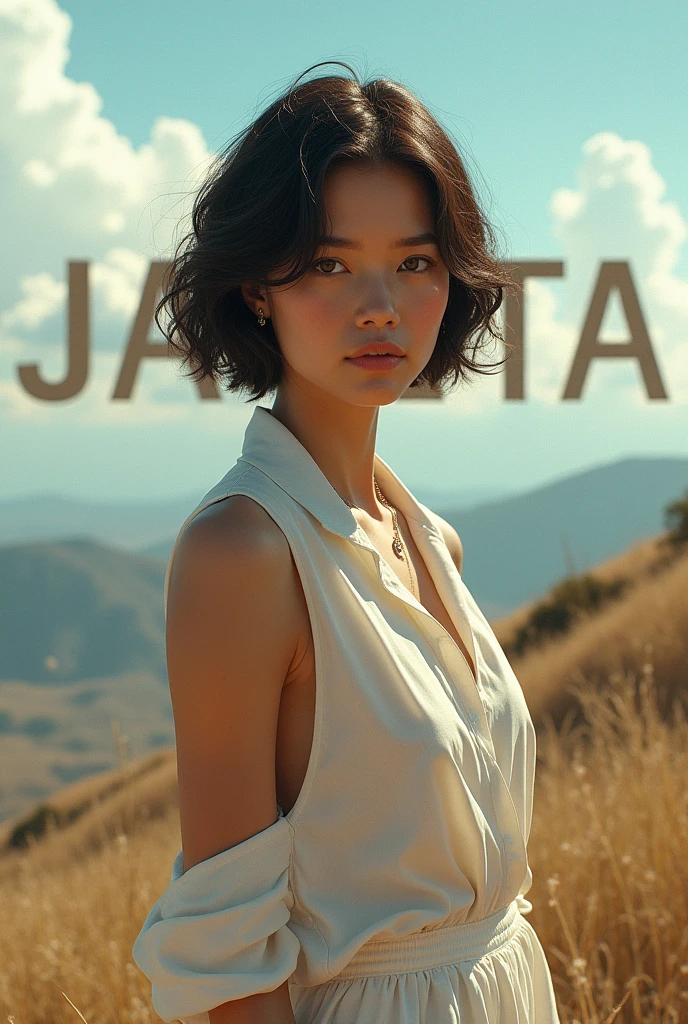 An image of a young lady no older than 25 or 30 who looks young, Medium skin tone with short wavy hair, dressed in a very elegant but casual way. With a beautiful landscape, It can be anything but the landscape must say something big in letters TENAJ