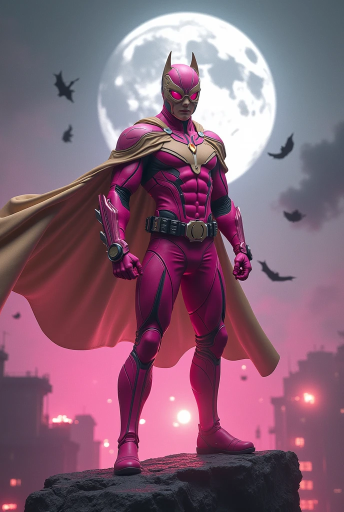 high-tech suit, vivid effects, malaysian superhero (KELUANG MAN) in a striking pink and beige costume cyberpunk design, mask small mini bat ear beige, daredevil biage mask, jumpsuit dark pink stands confidently in a dramatic.jumping from high place. Fighting pose , stormy landscape. ((Head covered node guard like batman. Running pose , athletic body type, small mini ear bat mask))The character wears domino mask a helmet with pointed mini torn ears and a flowing cape biege, open nose and mouth. Equipped with visible futuristic weapons on a belt,bullet proof jacket pink dark day.show fingers pose, dark night, big supermoon effect . Small logo on chest triangle shape small punisher logo center triangle cyber logo center on chest pink logo mini logo . rocky. Building top.smoke ground , bomb effect background, losse pants, losses costume.adding to --ar 3:4 --style raw --stylize 500 --v 6.1. chaos. Lot of small flying bat. One leg on the high stone. Hologram watch pink.