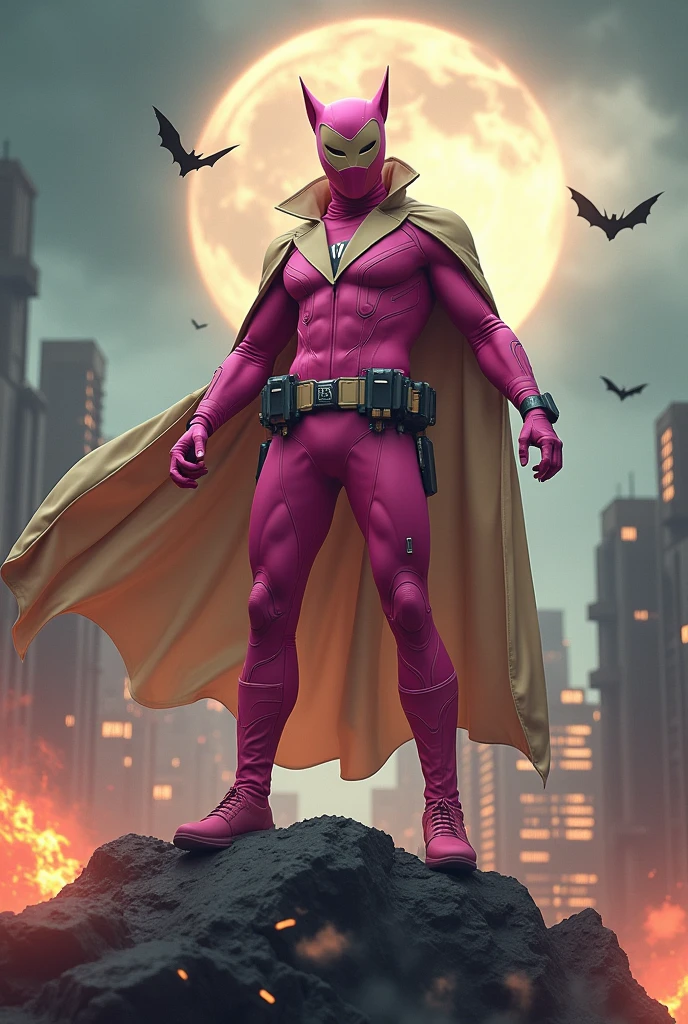 high-tech suit, vivid effects, malaysian superhero (KELUANG MAN) in a striking pink and beige costume cyberpunk design, mask small mini bat ear beige, daredevil biage mask, jumpsuit dark pink stands confidently in a dramatic.jumping from high place. Fighting pose , stormy landscape. ((Head covered node guard like batman. Running pose , athletic body type, small mini ear bat mask))The character wears domino mask a helmet with pointed mini torn ears and a flowing cape biege, open nose and mouth. Equipped with visible futuristic weapons on a belt,bullet proof jacket pink dark day.show fingers pose, dark night, big supermoon effect . Small logo on chest triangle shape small punisher logo center triangle cyber logo center on chest pink logo mini logo . rocky. Building top.smoke ground , bomb effect background, losse pants, losses costume.adding to --ar 3:4 --style raw --stylize 500 --v 6.1. chaos. Lot of small flying bat. One leg on the high stone. Hologram watch pink.