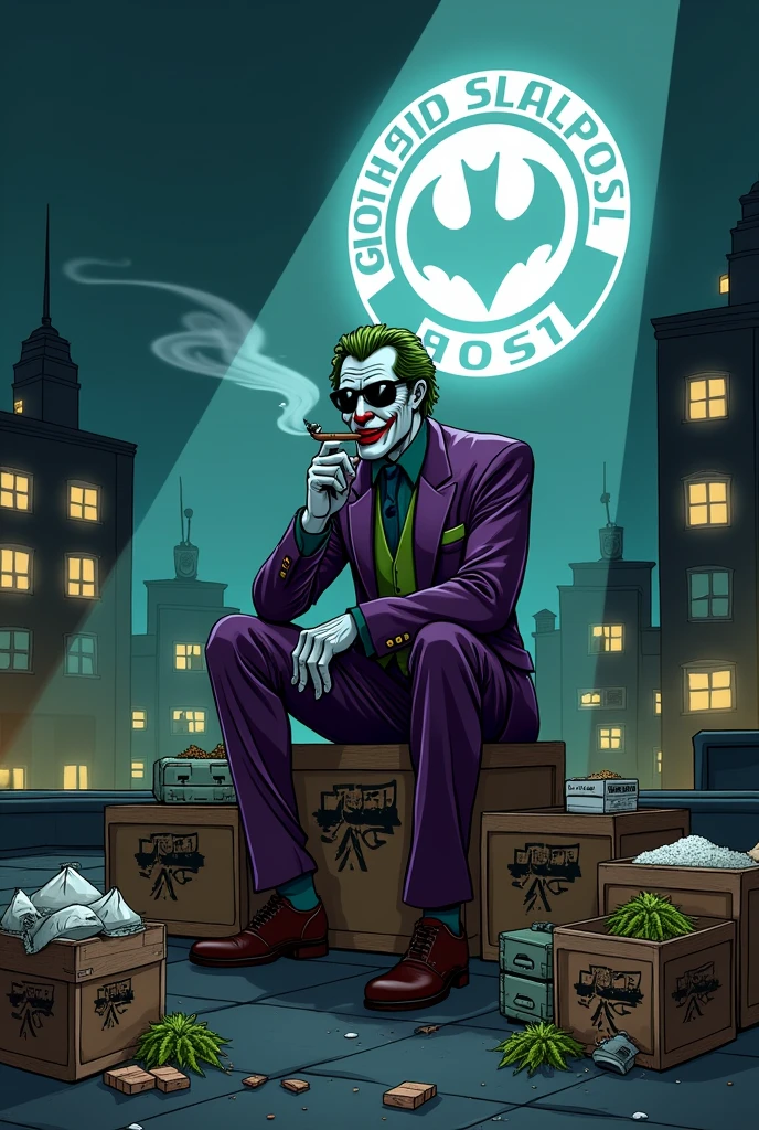 gotham city la nuit avec un projecteur sur un toit qui projette dans le ciel un logo blanc avec ou il y'a écrit dessus Gotham Coffee35 et il y'a le joker qui fume un cigare assis sur le projecteur sur le toit avec une paire de lunettes noir avec des caisses ou dessus il y'a tagé une feuille de weed et des sac remplie de cannabis et de poudre blanche et de petit rectangle marron empiler a coter de lui en cartoon