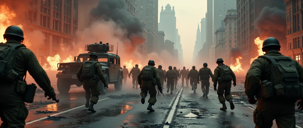 1940; (masterpiece, best quality) destroyed city (New York)army attacking a city