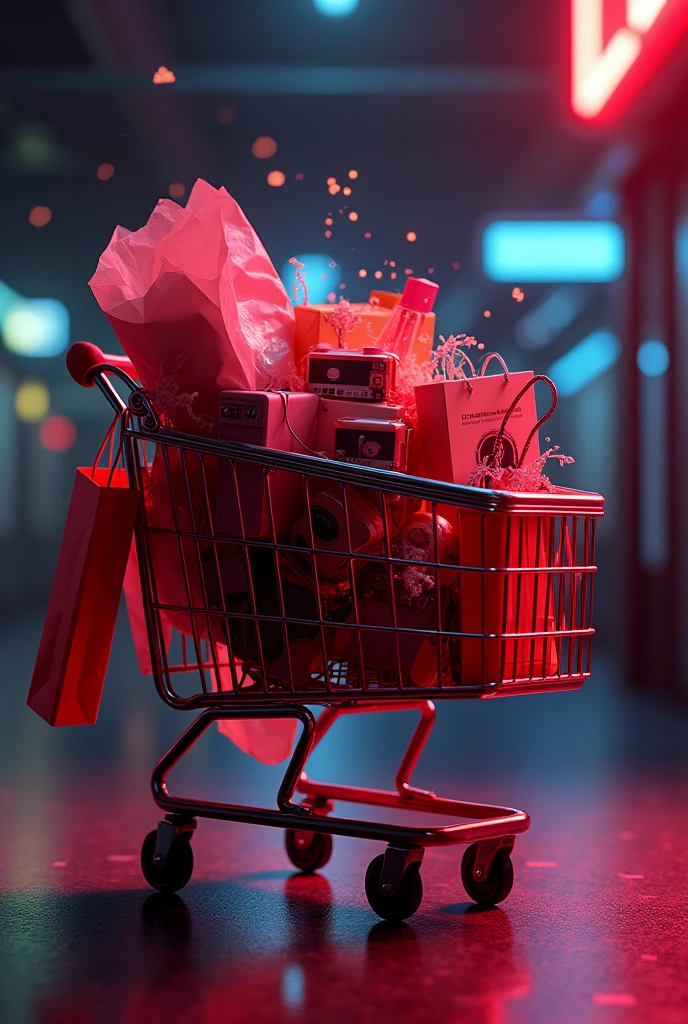 Create a shopping cart, with bags and electronics inside the cart, in shades of neon red and deep white, on a dark abstract background with glowing particles. cyberpunkstyle, with a frenetic and futuristic atmosphere. Neon Lighting, creating contrasting shadows. shallow depth of field, focusing on the details of the synapse. inspired by the works of H.R. giger.
