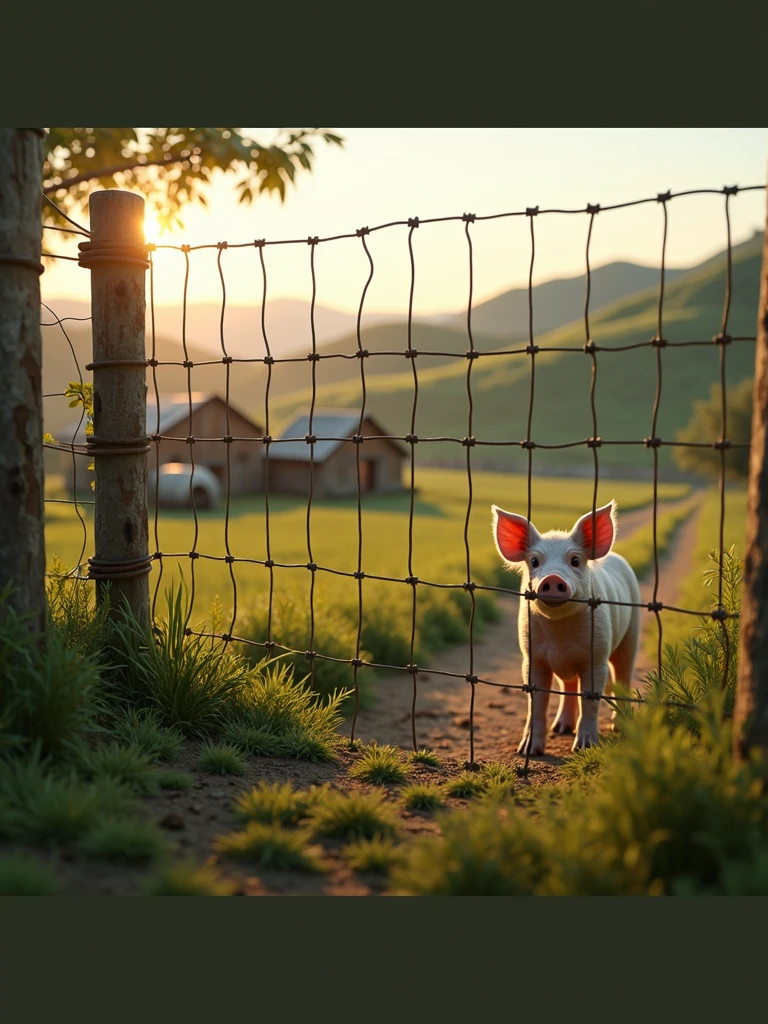 a wire mesh fence with a pig in the background on a farm, ultra realistic, 32k,