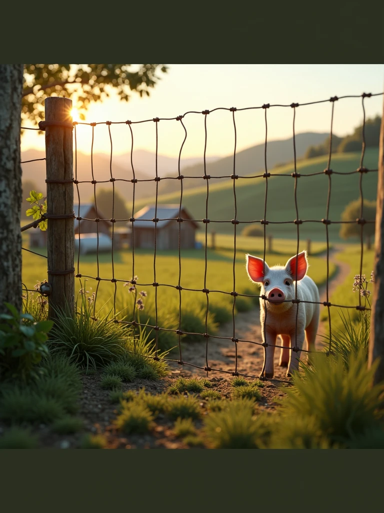 a wire mesh fence with a pig in the background on a farm, ultra realistic, 32k, 