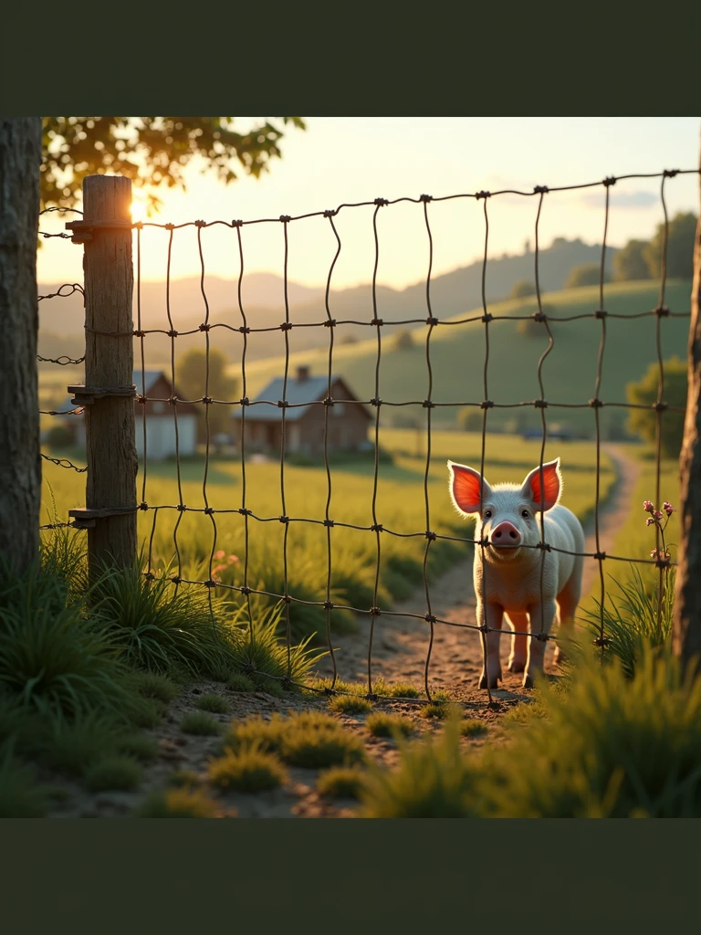 a wire mesh fence with a pig in the background on a farm, ultra realistic, 32k,