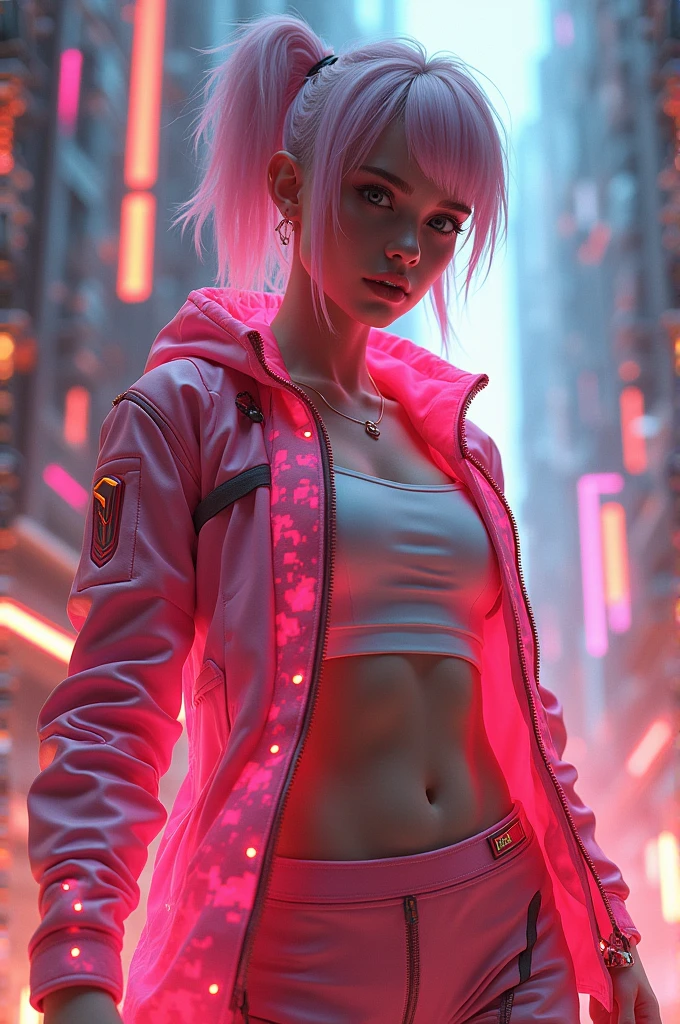 A futuristic girl who wear pink beautiful fire shooter shoot ( background is like  multiverse ) full body image 