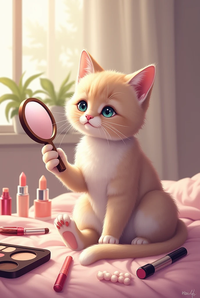 There is a cat. She is sitting on the bed. She has a mirror in her hand and a lipstick and there is makeup around her. She is makeup herself.