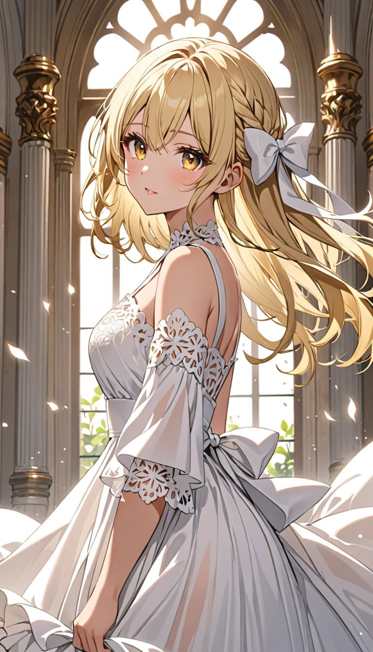 Beautiful and blonde、White dress、clear
