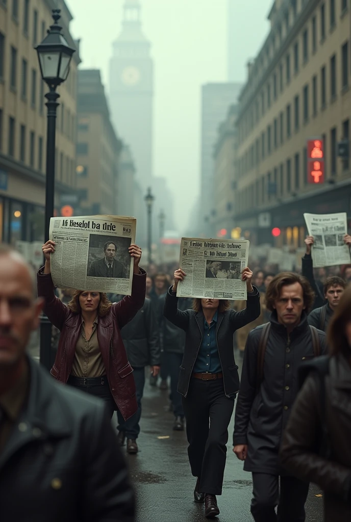 1970 London; Scared people walking around the city(masterpiece, best quality); newspapers((("war news on the way")))with war news!