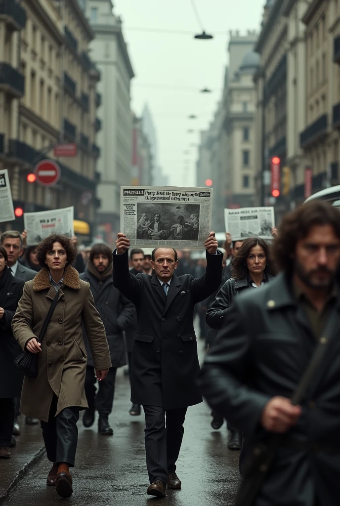 1970 London; Scared people walking around the city(masterpiece, best quality); newspapers((("war news on the way")))with war news!