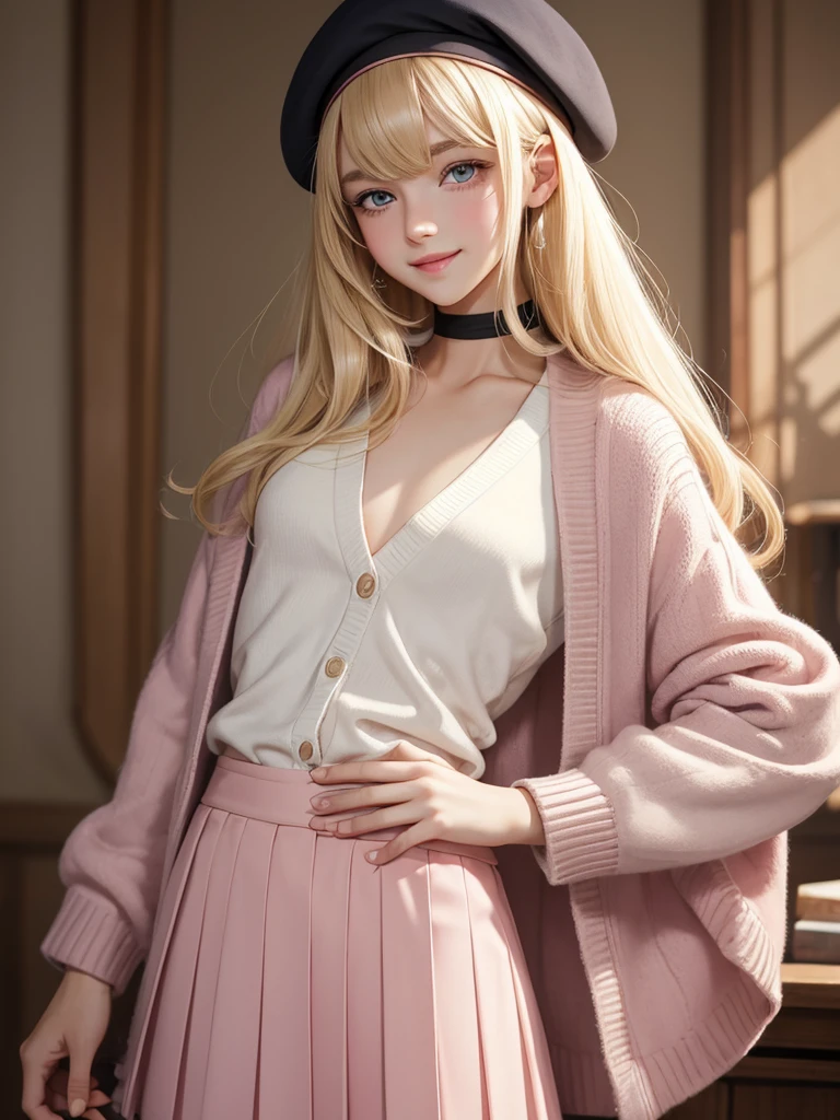 (best quality), 1boy, male, cute face, porcelain skin, blonde hair, straight hair, long hair, swept bangs, beret, cardigan, skirt, brown eyes, perfect eyes, flat chest, smile, blush, pink lips, masterpiece, anatomically correct, highres