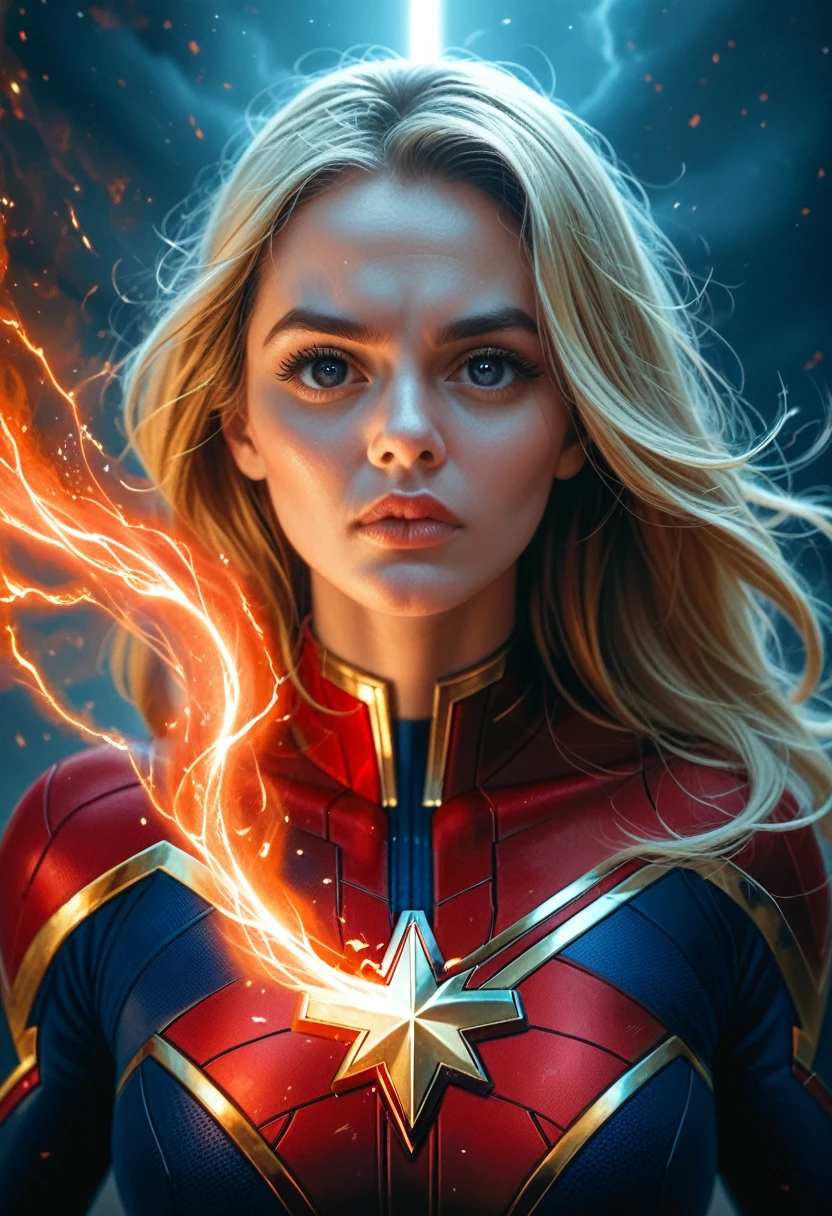 a female superhero,captain marvel,energy emitting from her outsrtechted  hands and body ,powerful and sexy pose,cinematic lighting,vivid colors,cinematic composition,beautiful detailed eyes,beautiful detailed lips,extremely detailed face and body,long eyelashes, long blonde hair ,volumetric energy effects,dramatic shadows,glowing energy aura,cinematic camera angle,hyper realistic,8k,high quality,detailed rendering,digital art,concept art style