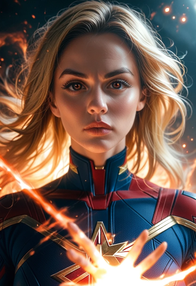 a female superhero,captain marvel,energy emitting from her outsrtechted hands and body ,powerful and sexy pose,cinematic lighting,vivid colors,cinematic composition,beautiful detailed eyes,beautiful detailed lips,extremely detailed face and body,long eyelashes, long blonde hair ,volumetric energy effects,dramatic shadows,glowing energy aura,cinematic camera angle,hyper realistic,8k,high quality,detailed rendering,digital art,concept art style