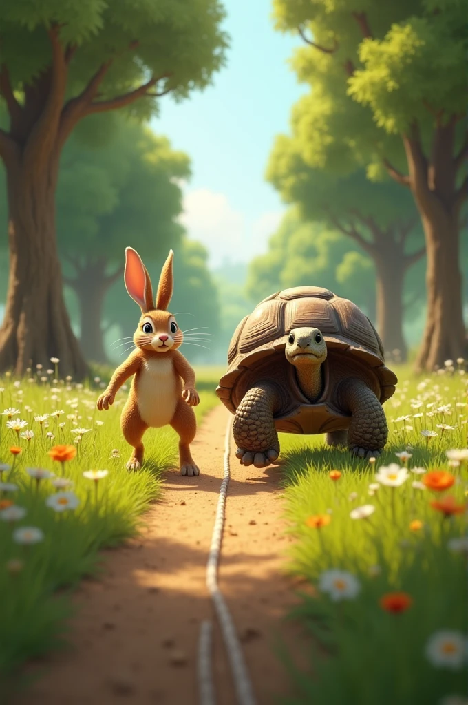 hare and the tortoise lined up at the starting line, ready to race