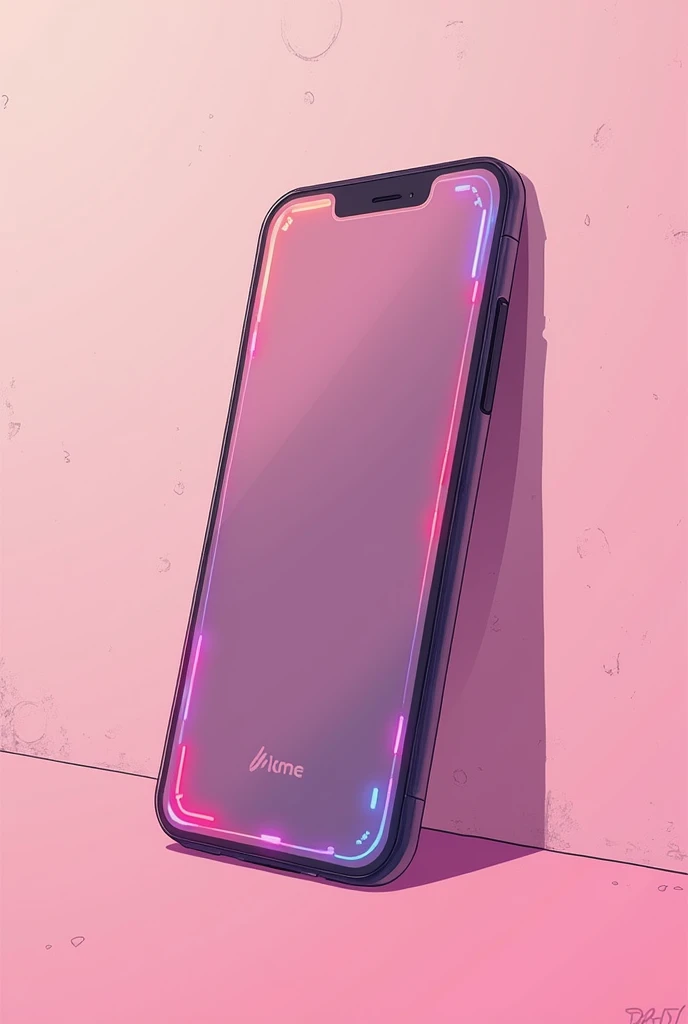 
dessin type anime manga d'un telephone portable en gros plan avec un fond neutre sans rien dessus tout en rose et rose clair avec des details fluo sur le contours

