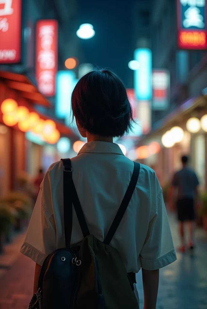 "A young Korean woman with short hair, seen from behind, walking down a busy night street. She is dressed in modest, everyday clothing with no exposure, exuding a sense of beauty and elegance. The bustling and lively atmosphere of the street contrasts with her calm and composed presence."