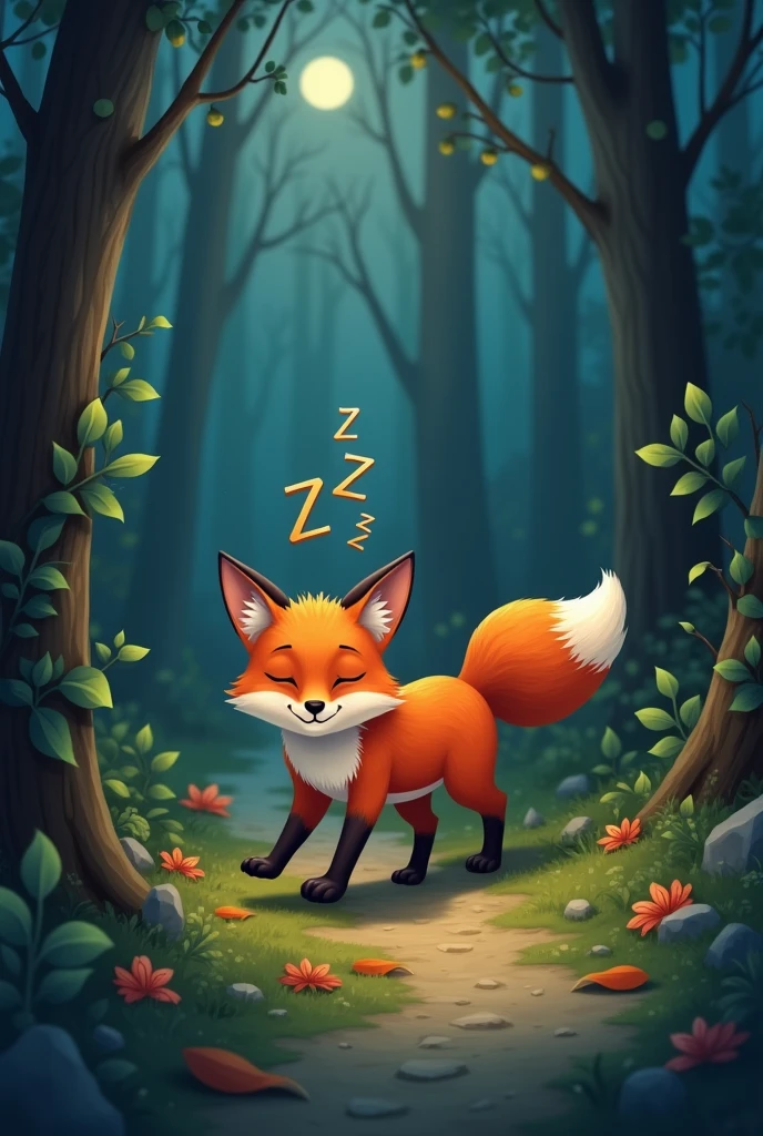 a red fox,Get ready to go home and sleep,walk,cave,Expression full of sleepiness,There is a ZZZ symbol on the head,Cute realistic style,Background night forest