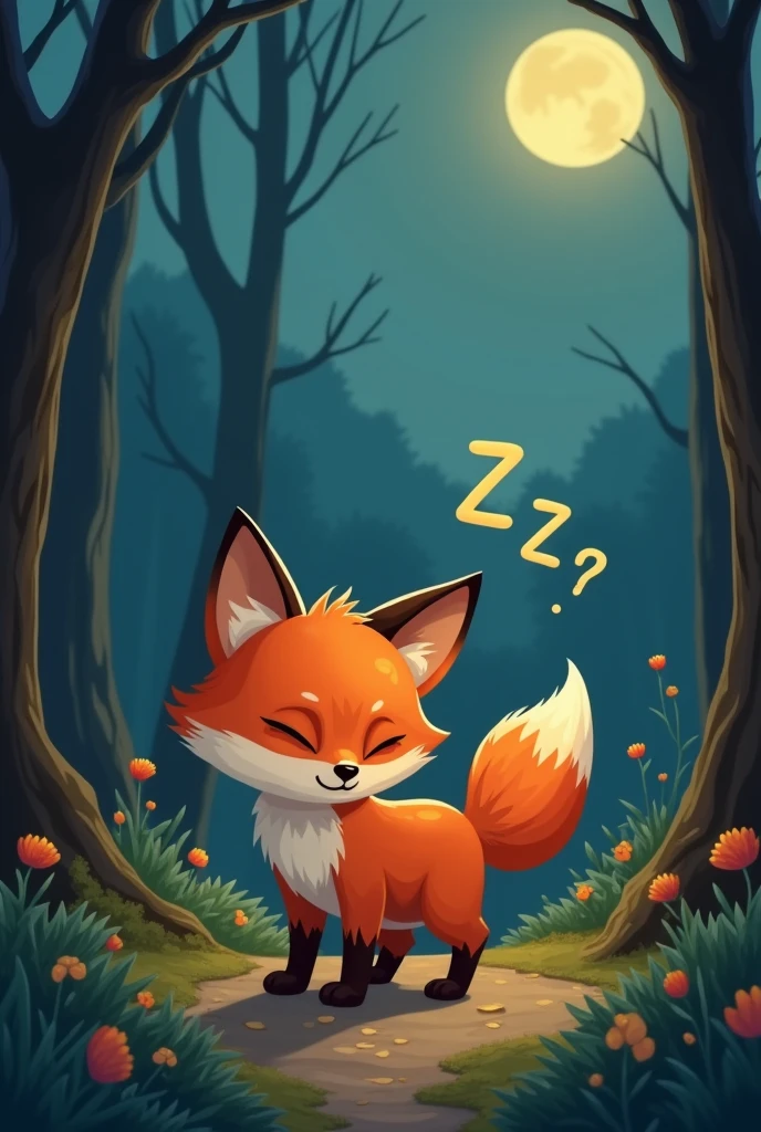 a red fox,Get ready to go home and sleep,walk,cave,Expression full of sleepiness,There is a ZZZ symbol on the head,Cute realistic style,Background night forest