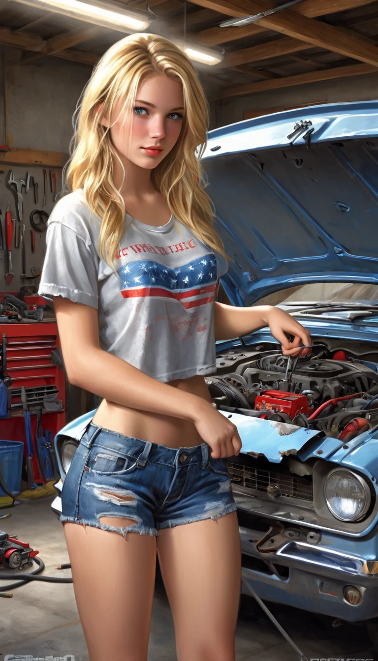 beautiful blonde American 21 college girl, sexy shorts torn denim mechanic, cropped T-shirt, repairing car in the garage, realistic, high detail face, high detail skin, 8, HDR, high resolution, photo-realistic, cinematic lighting, depth of field, looking at the camera, (Full body Standing),