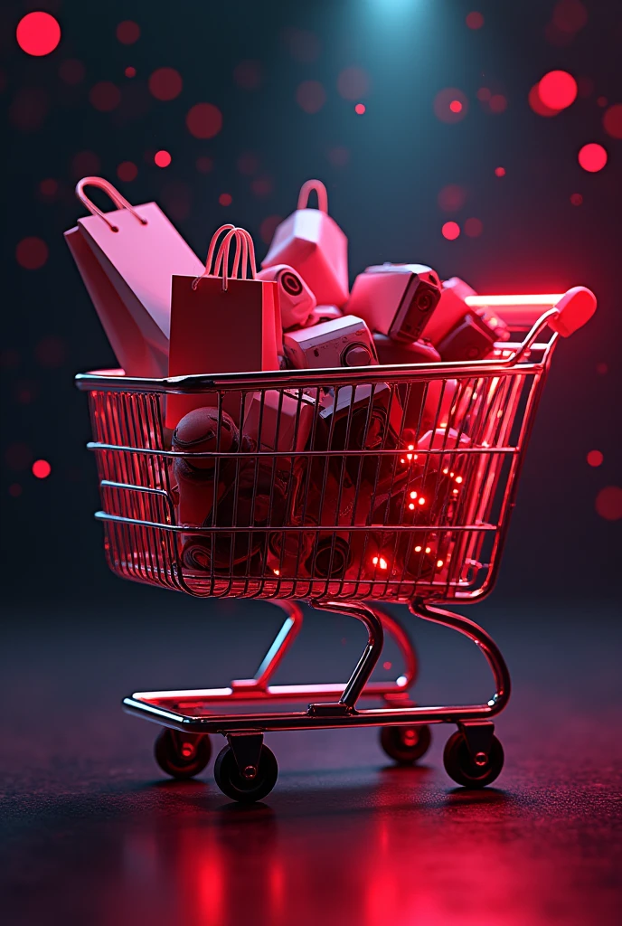 Create a shopping cart, with bags and electronics inside the cart, in shades of neon red and deep white, on a dark abstract background with glowing particles. cyberpunkstyle, with a frenetic and futuristic atmosphere. Neon Lighting, creating contrasting shadows. shallow depth of field, focusing on the details of the synapse. inspired by the works of H.R. giger.