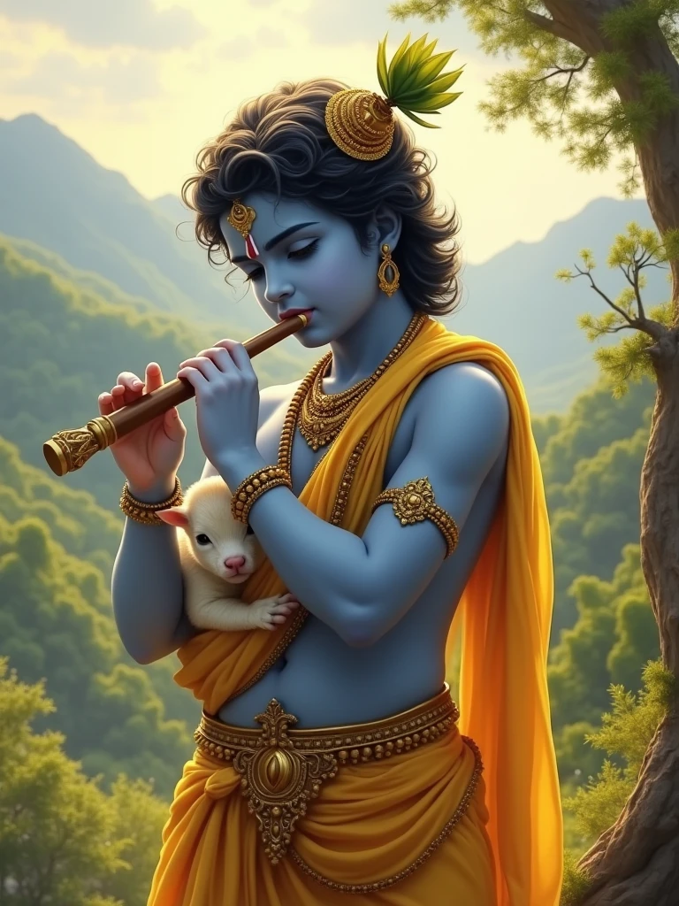 Lord Shri Krishna flute taken in hand one and one hand has taken cow baby