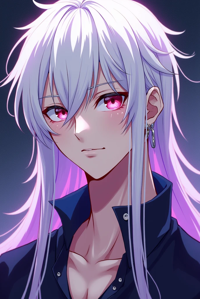 A BOY MALE GENDER,white hair,pink eyes,white eyelashes and eyebrows,with a calm, relaxed and calm expression,light skin tone,very beautiful,straight but long hair and violet highlights,that his appearance is more masculine and that he has two silver hoops in his ear,and also that he has a mole under his eye,all this in the drawing style of ONE PIECE