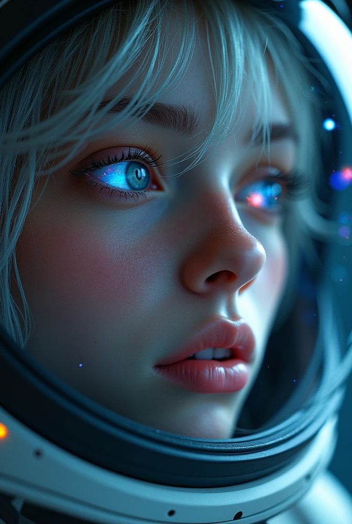 (Close-up of a better masterpiece:1.5)0.9], (Space and astronauts:1.2) (Messy silver hair:1.1) (Heterochromia xanthochromia and blue eyes:1.2) (Space Helmet:1.0) (Colored stars in the eyes:1.0) (A radiant glow:1.1) (thick lips:0.9)