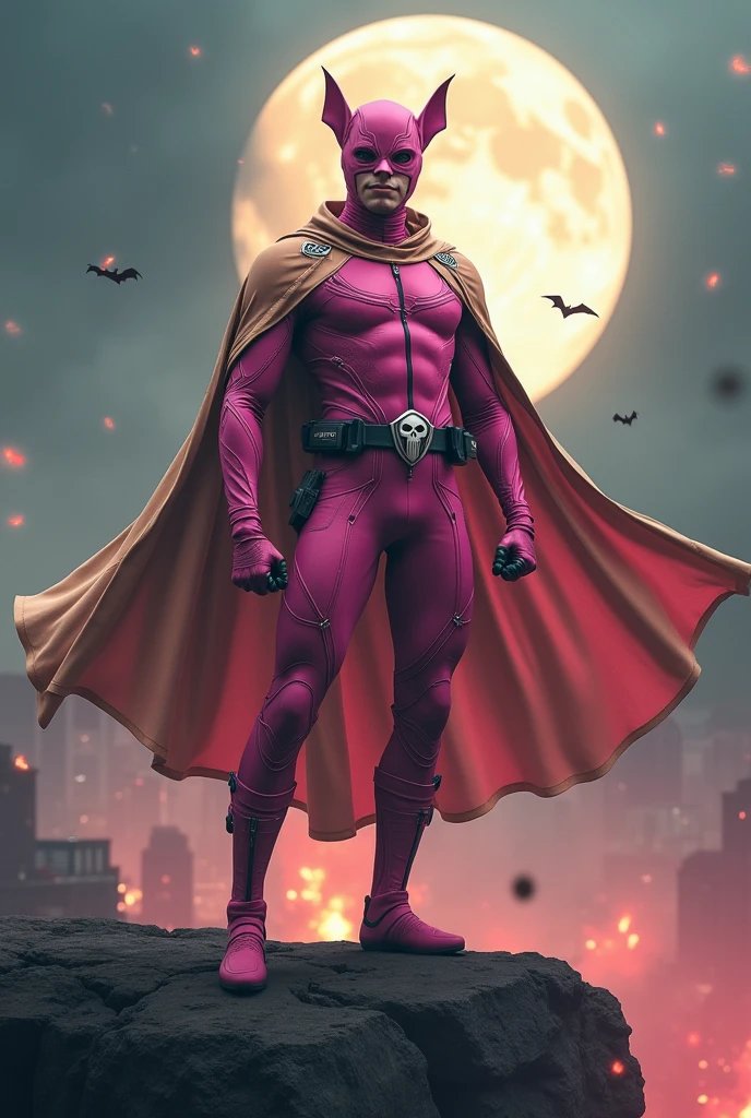 high-tech suit, vivid effects, malaysian superhero (KELUANG MAN) in a striking pink and beige costume cyberpunk design, mask small mini bat ear beige, daredevil biage mask, jumpsuit dark pink stands confidently in a dramatic.jumping from high place. Fighting pose , stormy landscape. ((Head covered node guard like batman. Running pose , athletic body type, small mini ear bat mask))The character wears domino mask a helmet with pointed mini torn ears and a flowing cape biege, open nose and mouth. Equipped with visible futuristic weapons on a belt,bullet proof jacket pink dark day.show fingers pose, dark night, big supermoon effect . Small logo on  triangle shape small punisher logo center triangle cyber logo center on  pink logo mini logo . rocky. Building top.smoke ground , bomb effect background, losse pants, losses costume.adding to --ar 3:4 --style raw --stylize 500 --v 6.1. chaos. Lot of small flying bat. One leg on the high stone. Man . Real man age 40 year old. 