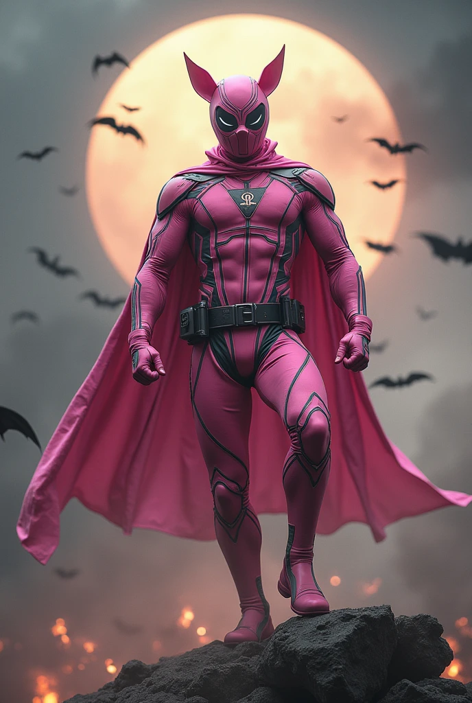 high-tech suit, vivid effects, malaysian superhero (KELUANG MAN) in a striking pink and beige costume cyberpunk design, mask small mini bat ear beige, daredevil biage mask, jumpsuit dark pink stands confidently in a dramatic.jumping from high place. Fighting pose , stormy landscape. ((Head covered node guard like batman. Running pose , athletic body type, small mini ear bat mask))The character wears domino mask a helmet with pointed mini torn ears and a flowing cape biege, open nose and mouth. Equipped with visible futuristic weapons on a belt,bullet proof jacket pink dark day.show fingers pose, dark night, big supermoon effect . Small logo on chest triangle shape small punisher logo center triangle cyber logo center on chest pink logo mini logo . rocky. Building top.smoke ground , bomb effect background, losse pants, losses costume.adding to --ar 3:4 --style raw --stylize 500 --v 6.1. chaos. Lot of small flying bat. One leg on the high stone. Man . Real man 0 year old.