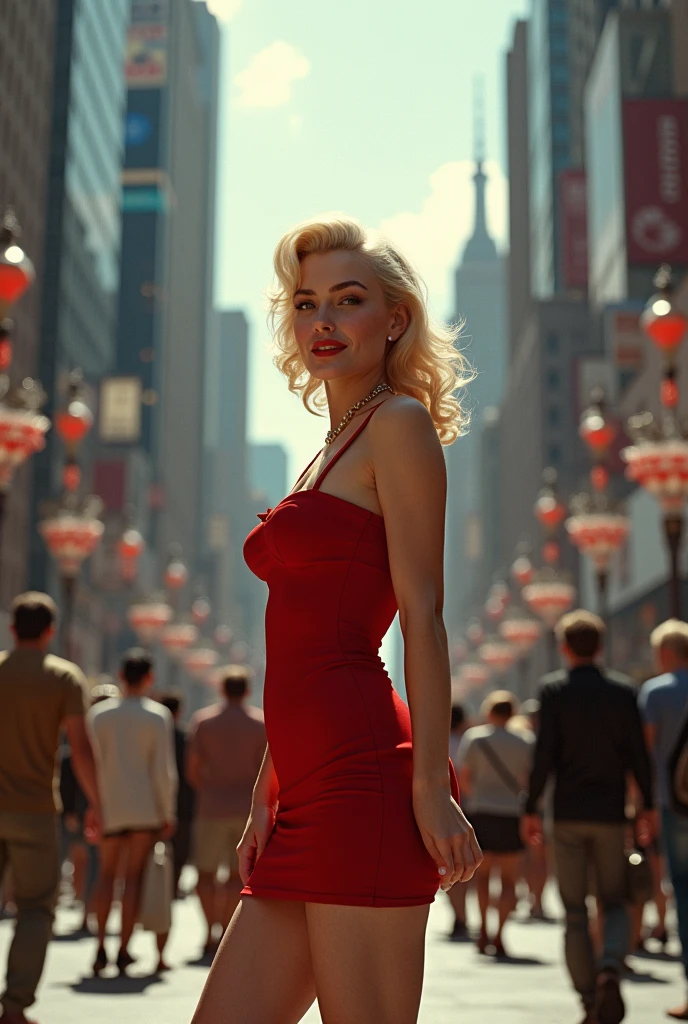 Image of Marilyn Monroe in a big city, with several people admiring her beauty