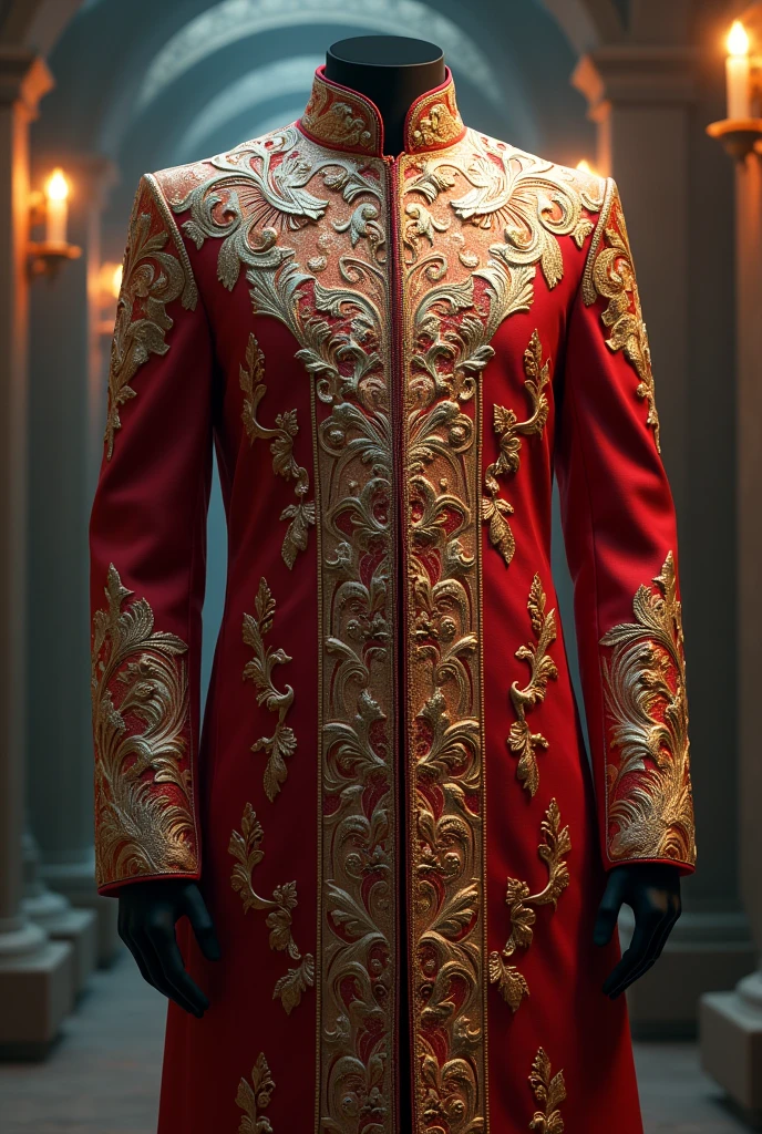 Intricately designed indian Muslim kurta for men in full, from the collar to the bottom of the cloth, ornate embroidery, intricate patterns, regal gold accents, rich jewel tones, luxurious fabric folds, elaborate sleeve details, up to the knees length, exquisite craftsmanship, elegant silhouette, majestic draping, opulent textures, royal color palette, opalescent sheen, ethereal glow, dramatic shadows, Unreal Engine rendering, hyper-realistic quality, 8k resolution, detailed textures, captivating lighting effects, enchanting fantasy elements, masterful digital artistry.