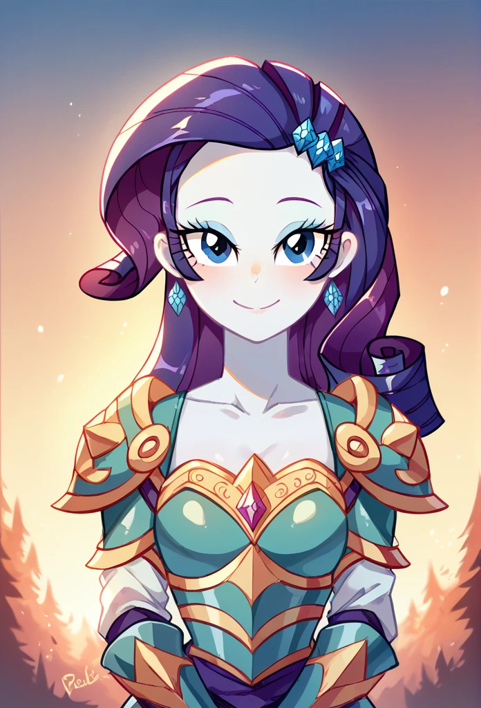 Rarity de Equestria Girls, looking at the viewer, Sunset, pretty eyes, beautiful face, small breasts, medieval armor, Full armor, with a dragon in the background, beautiful smile, armor covering the entire body , armor covering the entire body, facing a dragon