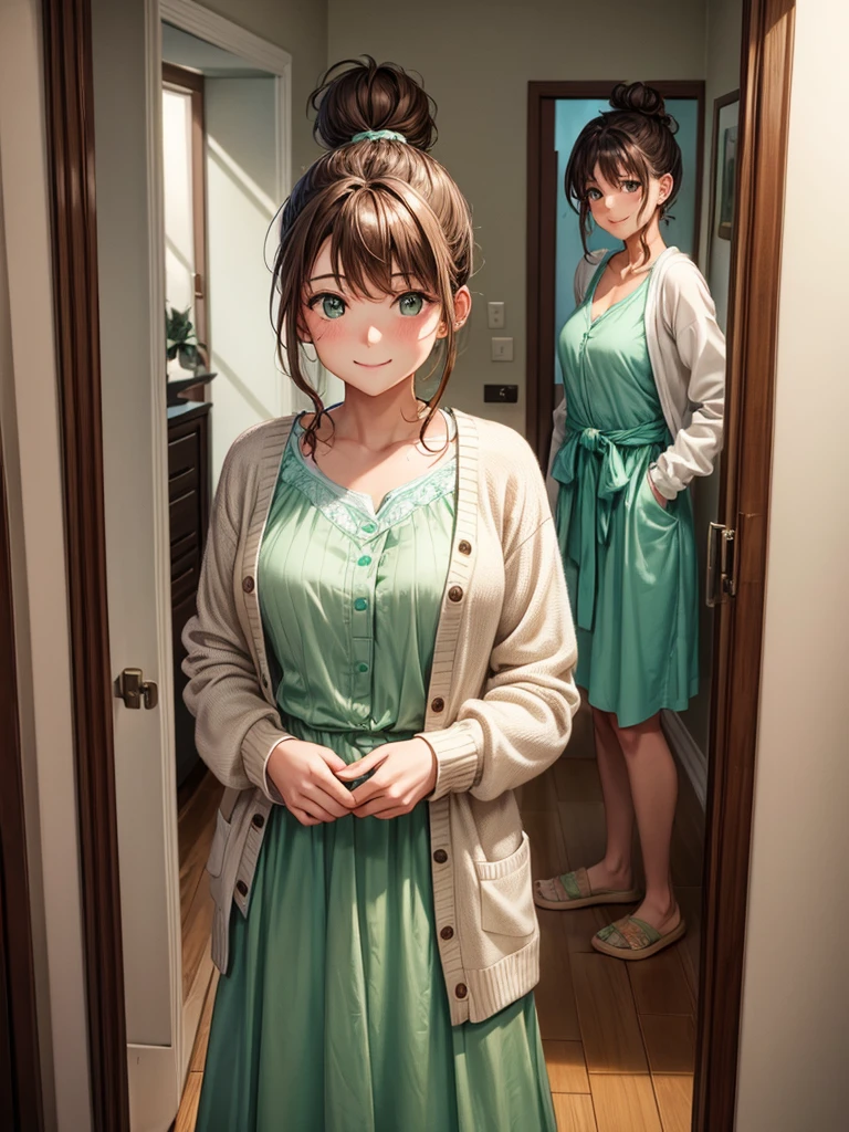 A woman with brown hair tied in a messy bun, wearing a mint green dress, covered with a short cream cardigan above the waist, standing in front of the bedroom door, smiling softly.