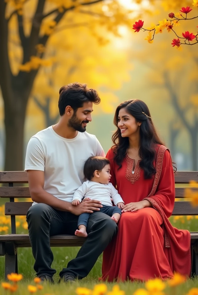 A 20 Year old boy and girl setting together in park on bench with a baby of  in middle, Boy with white T Shirt and Black Jeans and Girl with Red Shalwar Qamees, baby also have white shirt and Black Jeans, Yellow and Red flower around on trees