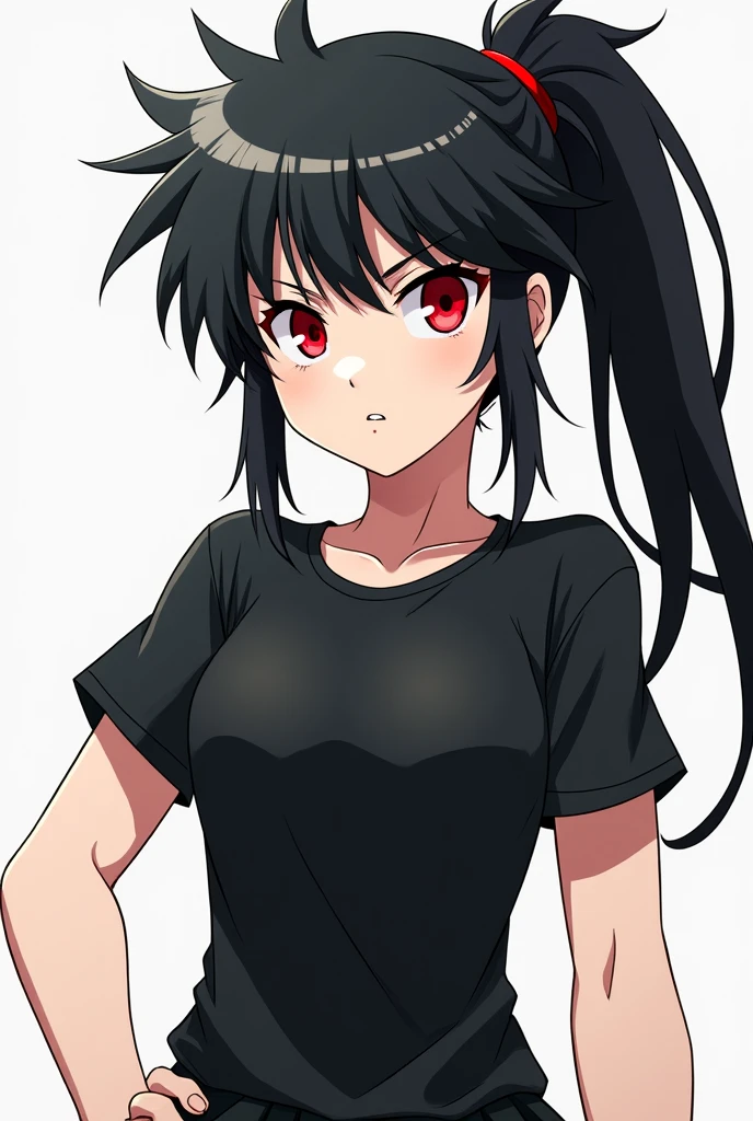 Child girl anime with the long hair color black is spiky behind and eyes red,her clothes,t-shirt men is black she have personality agressive,and physical athletic,no breast she have white skin INTJ 8w7