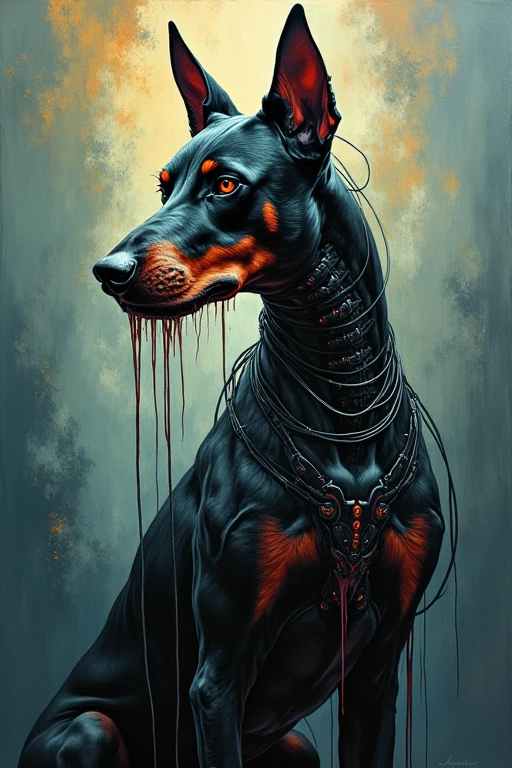 (Samdos Arts:1.3), Nbinkupunk, article, Terrifying Techno-Organic Mutations (Doberman), Portraiture, Backlight, Abstract, Painting, Painted by a famous artist, Mysterious, liquid, Abstract, masterpiece, Very detailed, Highest quality, Highest quality, Realistic lighting, Ultra-detailed, Hyperrealism, color, colorful, Social attire