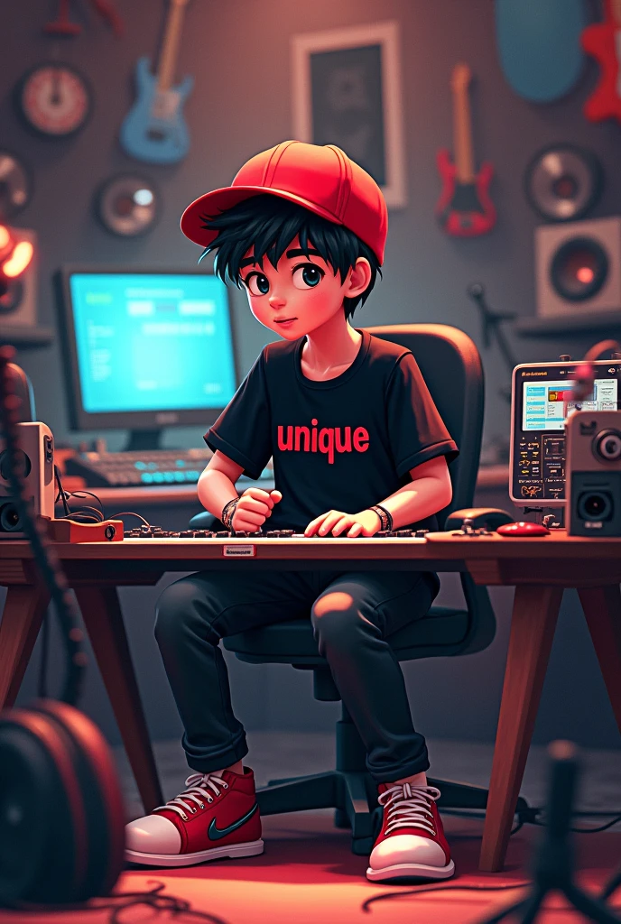 A young boy in a music studio sitting down wearing a red hat with a name on his black shirt written Unique Wanyo