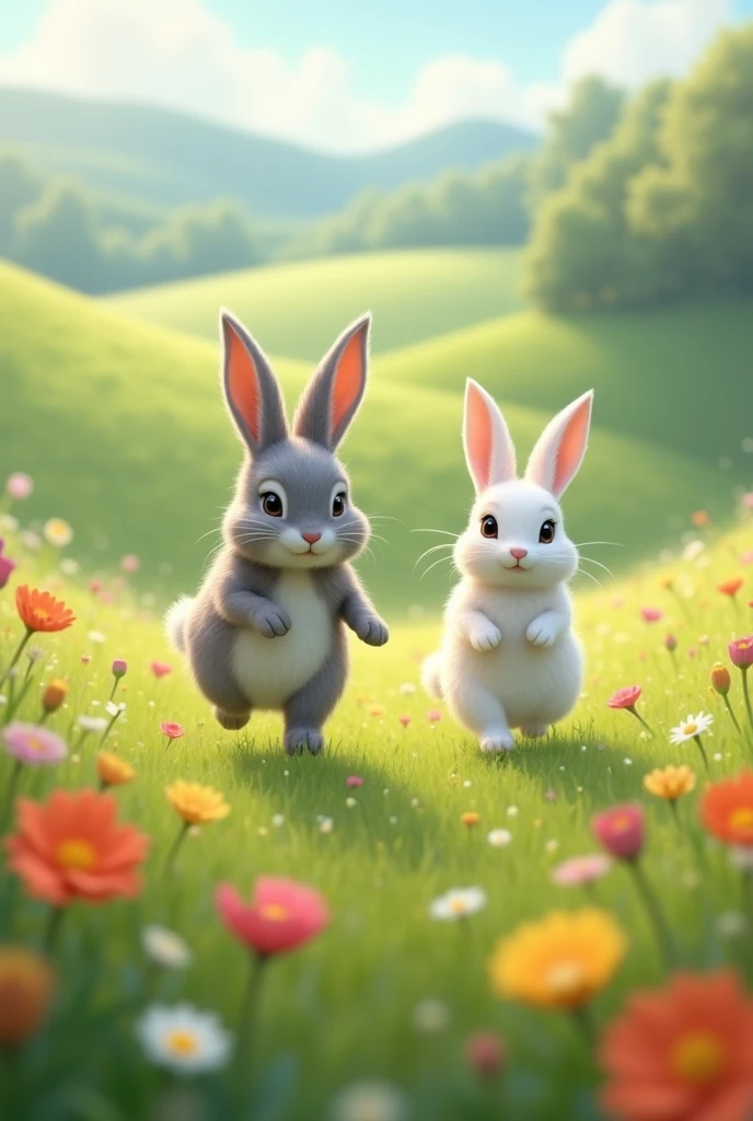  Male rabbit and female Rabbit are hoping in the field of flowers, grass.