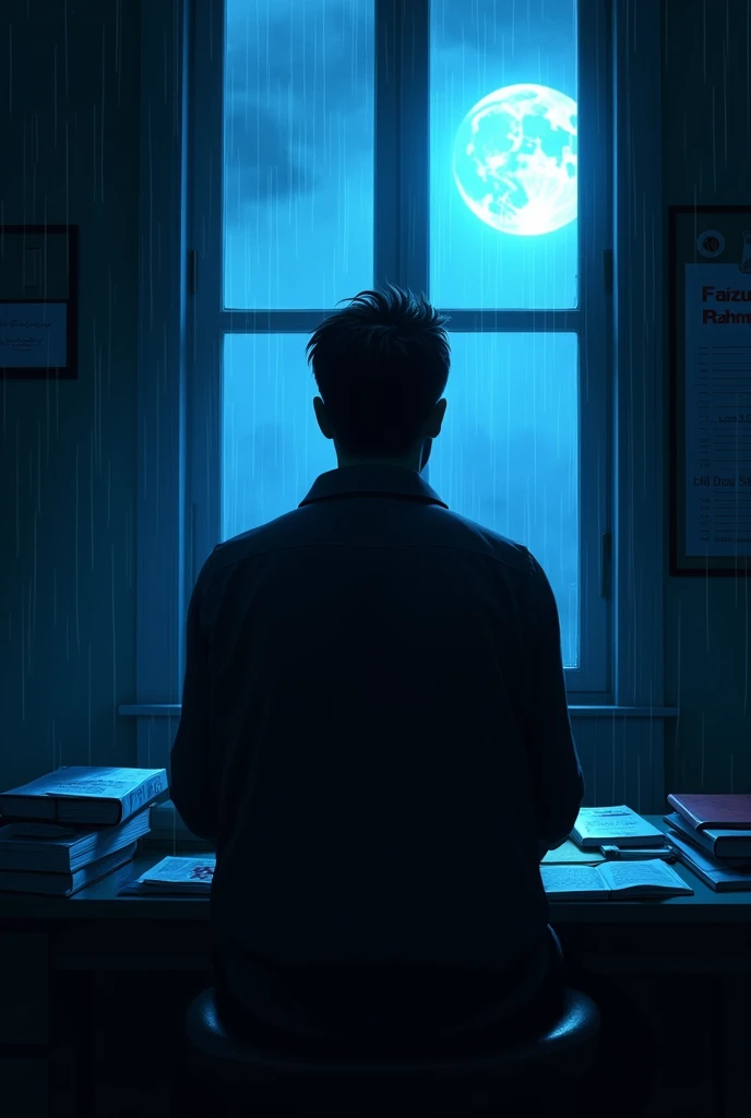 Bedroom, window light come from blue moon in room table with lot of books and notes notice board in the wall behind the table return no destruction only focus and adult man back side full shadow body shadow name written faizur Rahman in notice board clearly rainly