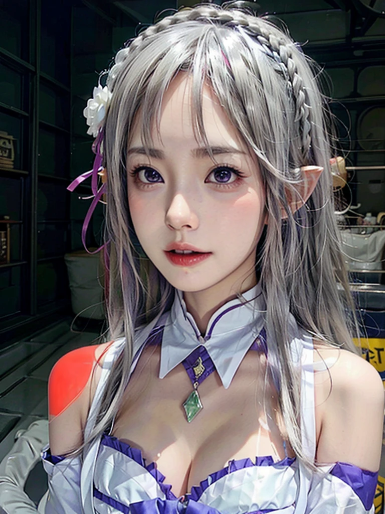 ulzzang-6500-v1.1,(raw photo:1.2),((photorealistic:1.4))best quality ,masterpiece, illustration, an extremely delicate and beautiful, extremely detailed ,CG ,unity ,8k wallpaper, finely detail, best quality,extremely detailed CG unity 8k wallpaper,absurdres, incredibly absurdres, big breats,sexy body,huge filesize, ultra-detailed, highres, extremely detailed,beautiful detailed girl, extremely detailed eyes and face, beautiful detailed eyes,light on face,cinematic lighting,1girl,(full body),(full-body shot),looking at viewer,outdoors, silver_hair, pointy_ears, purple_eyes, hair_ornament, hair_ribbon, lips