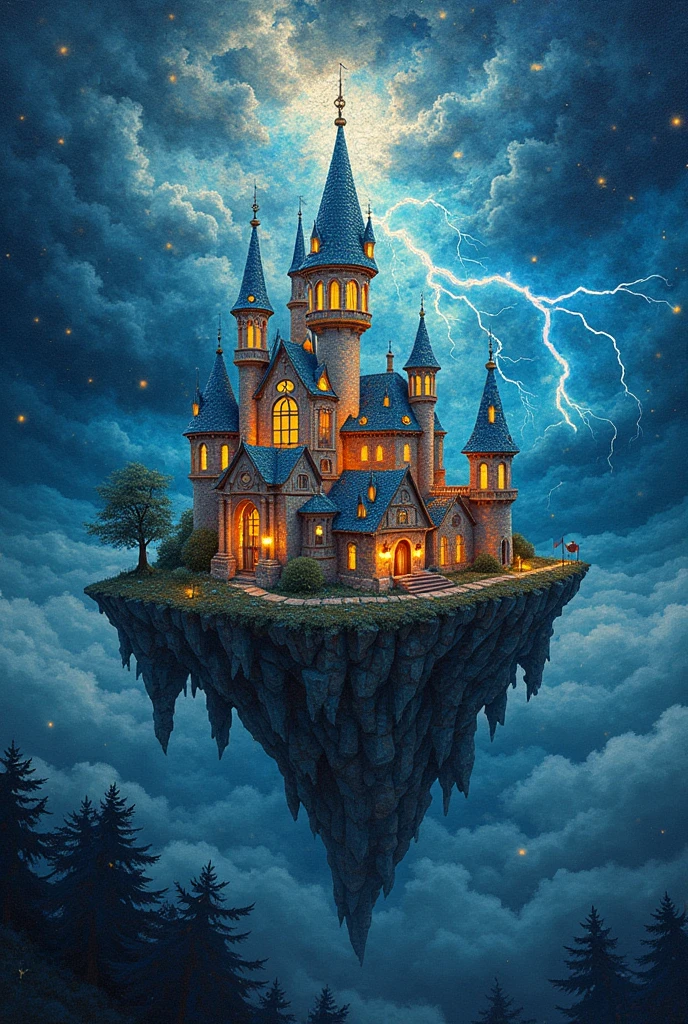 Mosaic Art,castel,Glowing Light,lightning,flying island,dark sky,thunder